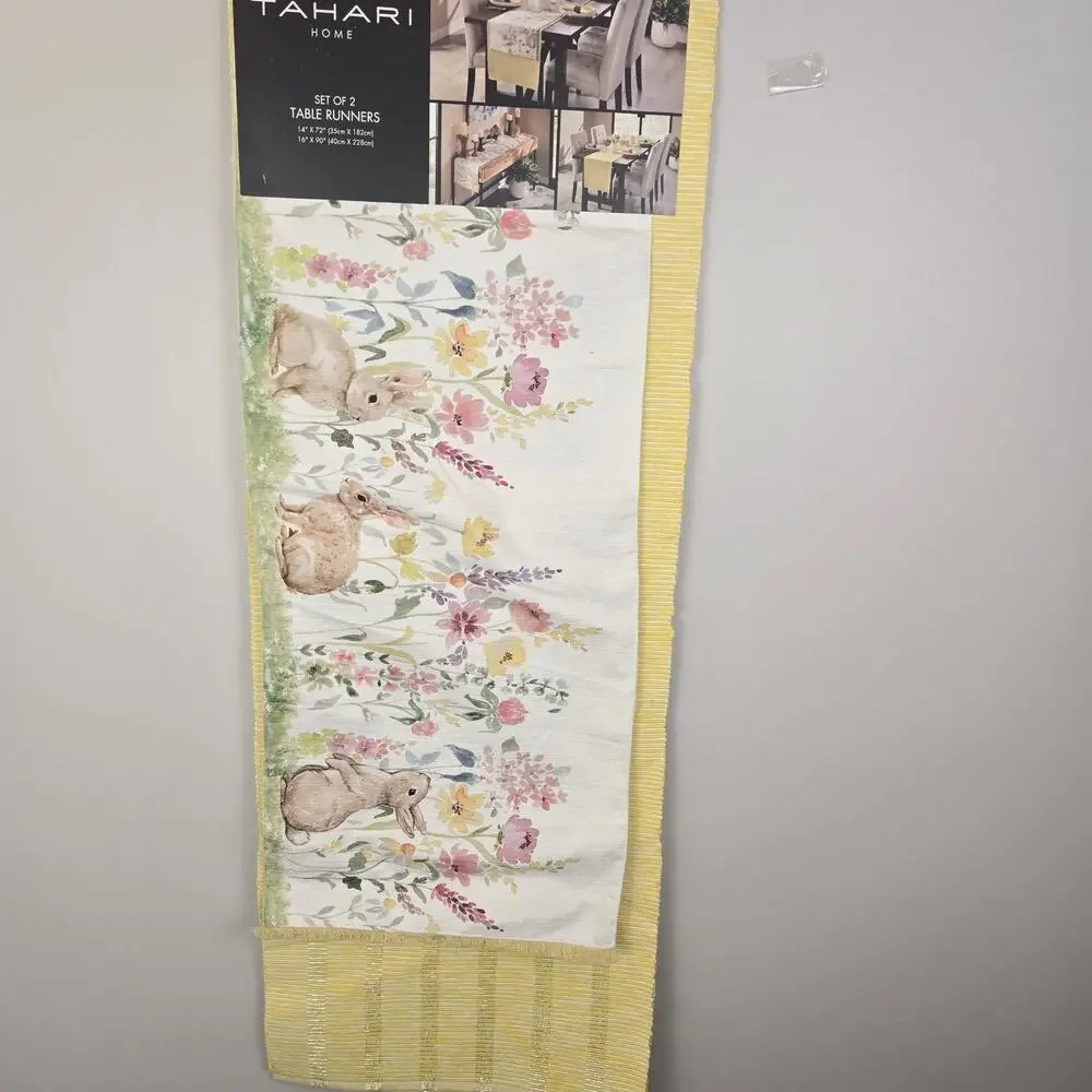 Easter Bunny Spring Set Of 2 Table Runners Yellow Metallic 16x90